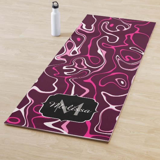 Hot pink damascus abstract swirls Custom Monogram Yogamat (In situ)