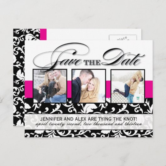 Hot Pink Damask Bewaar de datum Aankondigingskaart (Voorkant / Achterkant)