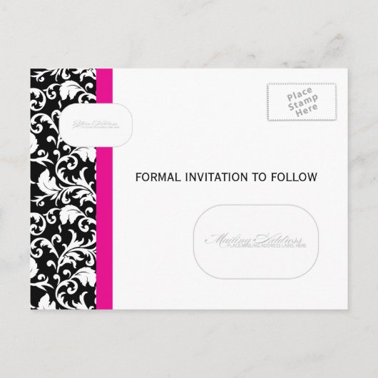 Hot Pink Damask Bewaar de datum Aankondigingskaart (Achterkant)