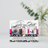 Hot Pink Damask Bewaar de datum Aankondigingskaart (Staand voorkant)