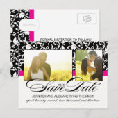 Hot Pink Damask Bewaar de datum Aankondigingskaart (Voorkant / Achterkant)