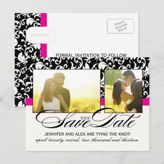 Hot Pink Damask Bewaar de datum Aankondigingskaart (Voorkant / Achterkant)