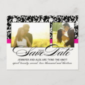 Hot Pink Damask Bewaar de datum Aankondigingskaart (Voorkant)