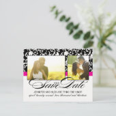 Hot Pink Damask Bewaar de datum Aankondigingskaart (Staand voorkant)