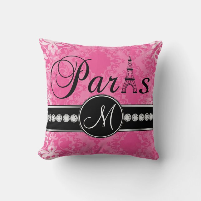 Hot Pink Damask Black Parisian Monogram Pillow Kussen (Voorkant)