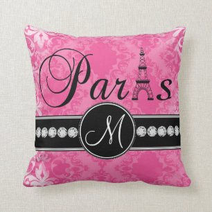 Hot Pink Damask Black Parisian Monogram Pillow Kussen