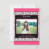 Hot Pink Damask Floral Foto Afstuderen Uitnodiging (Voorkant)