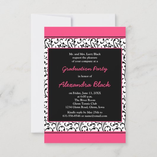 Hot Pink Damask Floral Foto Afstuderen Uitnodiging (Achterkant)