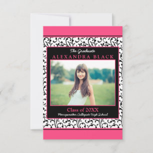 Hot Pink Damask Floral Foto Afstuderen Uitnodiging