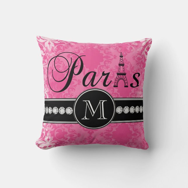 Hot Pink Damask Paris Monogrammmed Kussen (Voorkant)