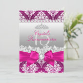 Hot Pink Damask & Pearl Bow Quinceanera Invite Kaart (Staand voorkant)