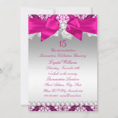 Hot Pink Damask & Pearl Bow Quinceanera Invite Kaart (Achterkant)