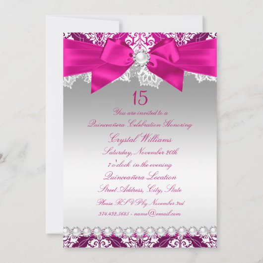 Hot Pink Damask & Pearl Bow Quinceanera Invite Kaart (Achterkant)