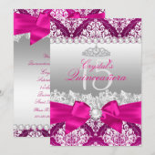 Hot Pink Damask & Pearl Bow Quinceanera Invite Kaart (Voorkant / Achterkant)