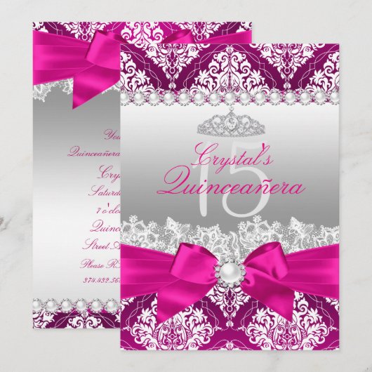 Hot Pink Damask & Pearl Bow Quinceanera Invite Kaart (Voorkant / Achterkant)