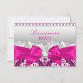 Hot Pink Damask & Pearl Bow Quinceanera RSVP (Voorkant)