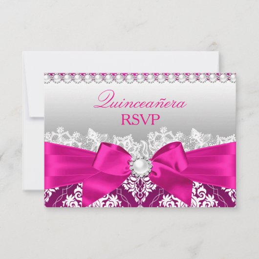 Hot Pink Damask & Pearl Bow Quinceanera RSVP (Voorkant)