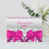 Hot Pink Damask & Pearl Bow Quinceanera RSVP (Staand voorkant)