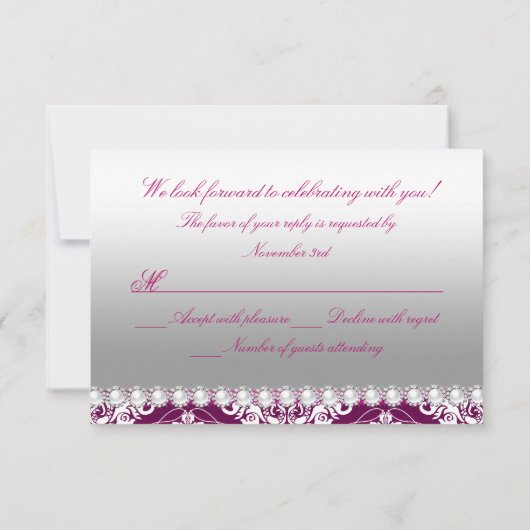 Hot Pink Damask & Pearl Bow Quinceanera RSVP (Achterkant)