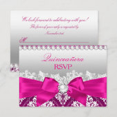 Hot Pink Damask & Pearl Bow Quinceanera RSVP (Voorkant / Achterkant)