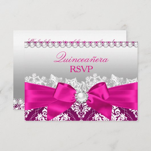 Hot Pink Damask & Pearl Bow Quinceanera RSVP (Voorkant / Achterkant)