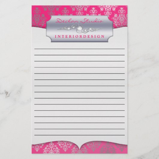 Hot Pink Dashing Damask Lined Zakelijk Briefpapier (Voorkant)