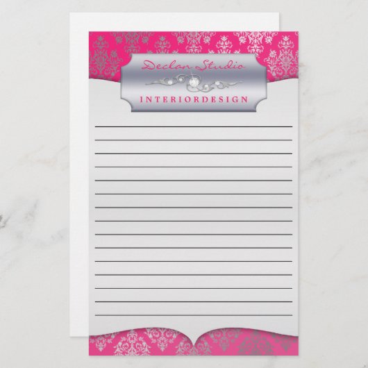 Hot Pink Dashing Damask Lined Zakelijk Briefpapier (Voorkant / Achterkant)