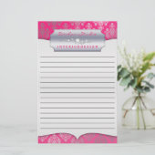 Hot Pink Dashing Damask Lined Zakelijk Briefpapier (Staand voorkant)