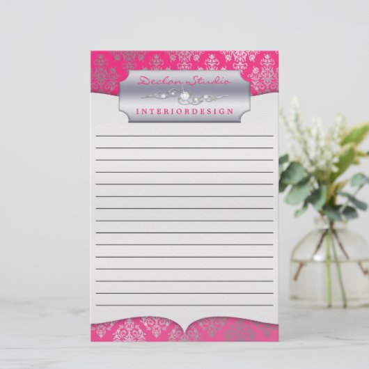 Hot Pink Dashing Damask Lined Zakelijk Briefpapier (Staand voorkant)