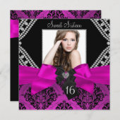 Hot Pink Diamond Bow & Black Damask Foto Sweet 16 Kaart (Voorkant / Achterkant)