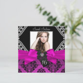 Hot Pink Diamond Bow & Black Damask Foto Sweet 16 Kaart (Staand voorkant)