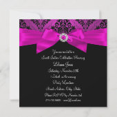 Hot Pink Diamond Bow & Black Damask Foto Sweet 16 Kaart (Achterkant)