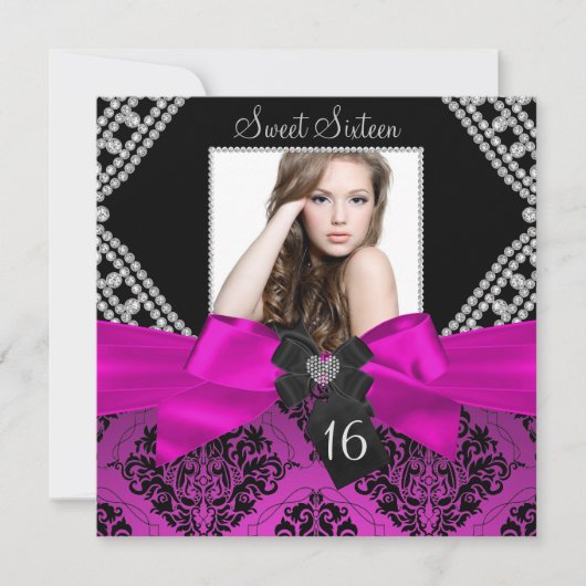 Hot Pink Diamond Bow & Black Damask Foto Sweet 16 Kaart (Voorkant)