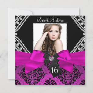 Hot Pink Diamond Bow & Black Damask Foto Sweet 16 Kaart