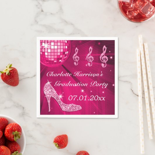 Hot Pink Disco Ball en Sparkle Heels Afstuderen Servetten (Insitu)