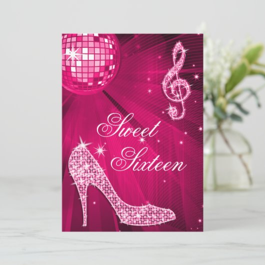 Hot Pink Disco Ball en Sparkle Heels Sweet 16 Kaart (Staand voorkant)