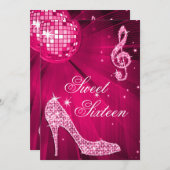 Hot Pink Disco Ball en Sparkle Heels Sweet 16 Kaart (Voorkant / Achterkant)