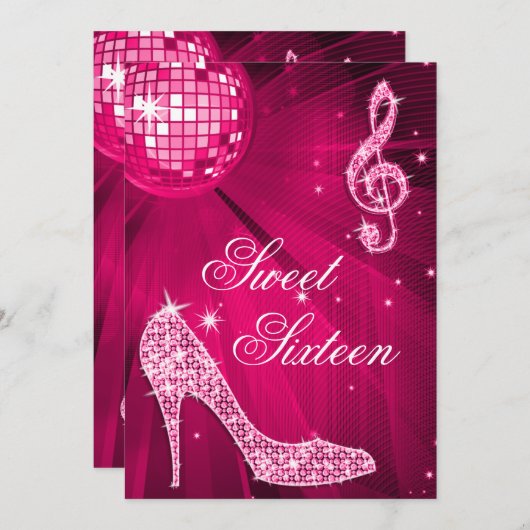 Hot Pink Disco Ball en Sparkle Heels Sweet 16 Kaart (Voorkant / Achterkant)
