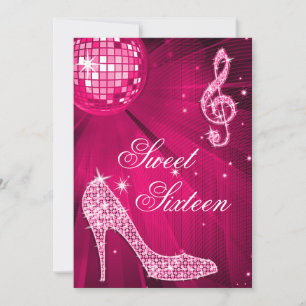 Hot Pink Disco Ball en Sparkle Heels Sweet 16 Kaart