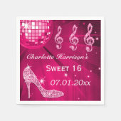 Hot Pink Disco Ball en Sparkle Heels Sweet 16 Servetten (Voorkant)