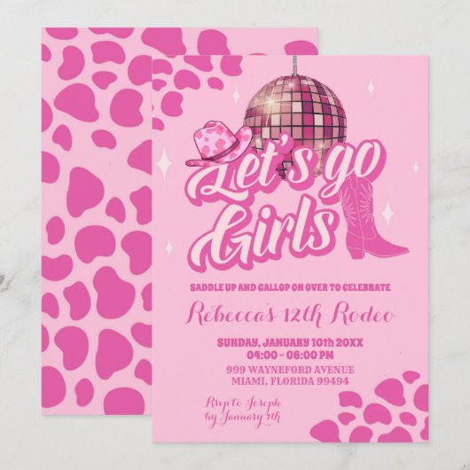 Hot Pink Disco Cowgirl Verjaardagsfeestuitnodiging Kaart (Voorkant / Achterkant)