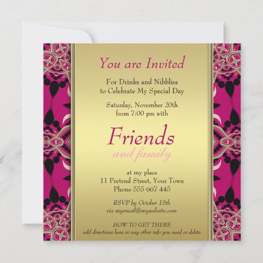 Hot Pink Diva Gal verjaardagsfeestje uitnodigingen (Achterkant)