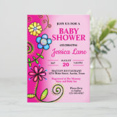 Hot Pink Doodle Flowers Baby shower Kaart (Staand voorkant)