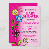 Hot Pink Doodle Flowers Baby shower Kaart (Voorkant / Achterkant)