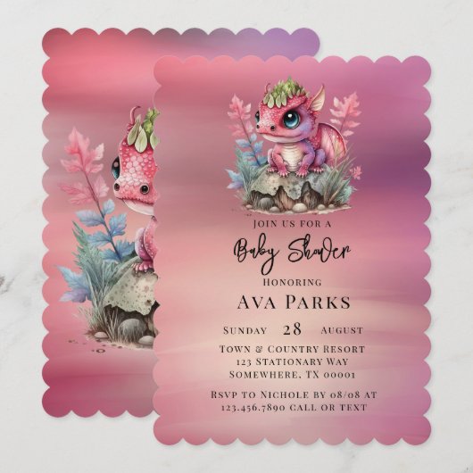 Hot Pink Dragon Girl Baby shower Kaart (Voorkant / Achterkant)