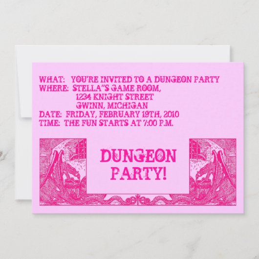 HOT PINK DRAGONS IN DUNGEONS ~ PARTIJINVITATIE! KAART (Voorkant)