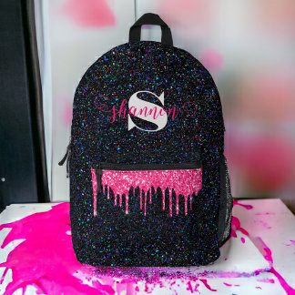 Hot Pink Drip Black Glitter Custom Name Rugzak