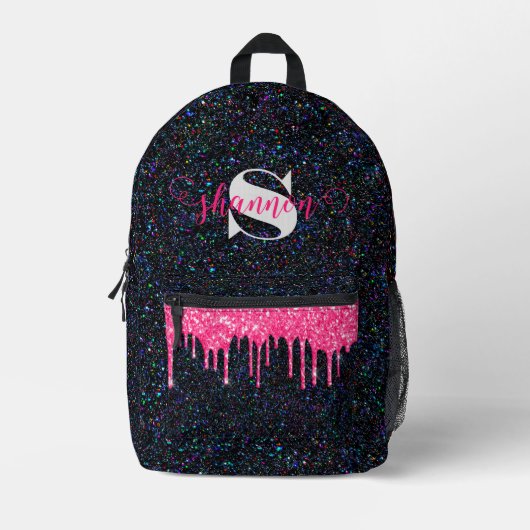 Hot Pink Drip Black Glitter Custom Name Rugzak (Voorkant)