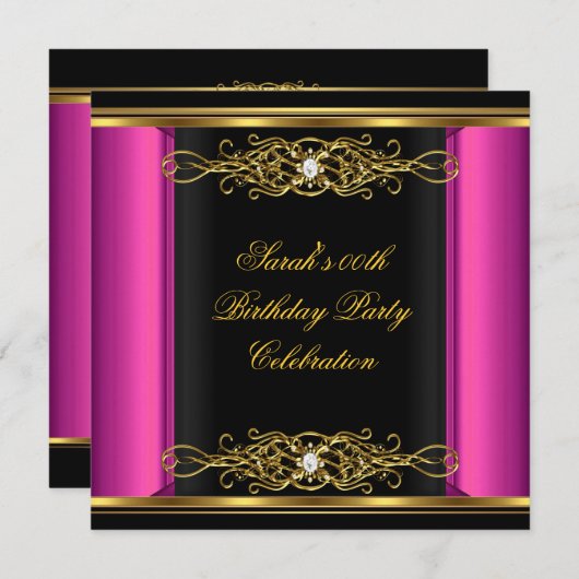 Hot Pink Elegant Birthday Black Gold Kaart (Voorkant / Achterkant)