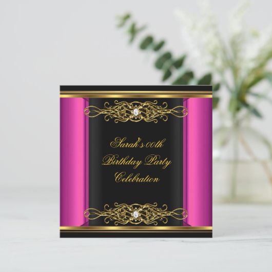 Hot Pink Elegant Birthday Black Gold Kaart (Staand voorkant)